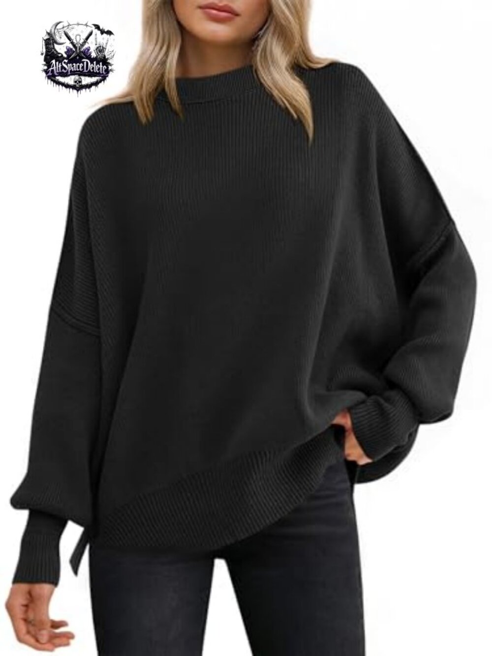 Oversized Ribbed Knit Sweater Batwing Sleeve Crewneck Pullover
